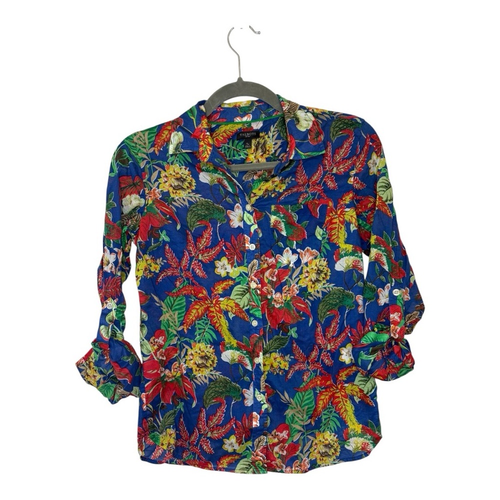 Talbots Blue Tropical Floral Button Up Shirt Resort Vacation Cruise Style Small